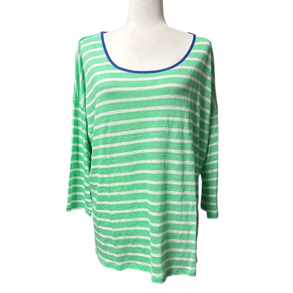 Talbots Striped 100% Linen‎ Long Sleeve Scoop Neck Top Women's XL Green White